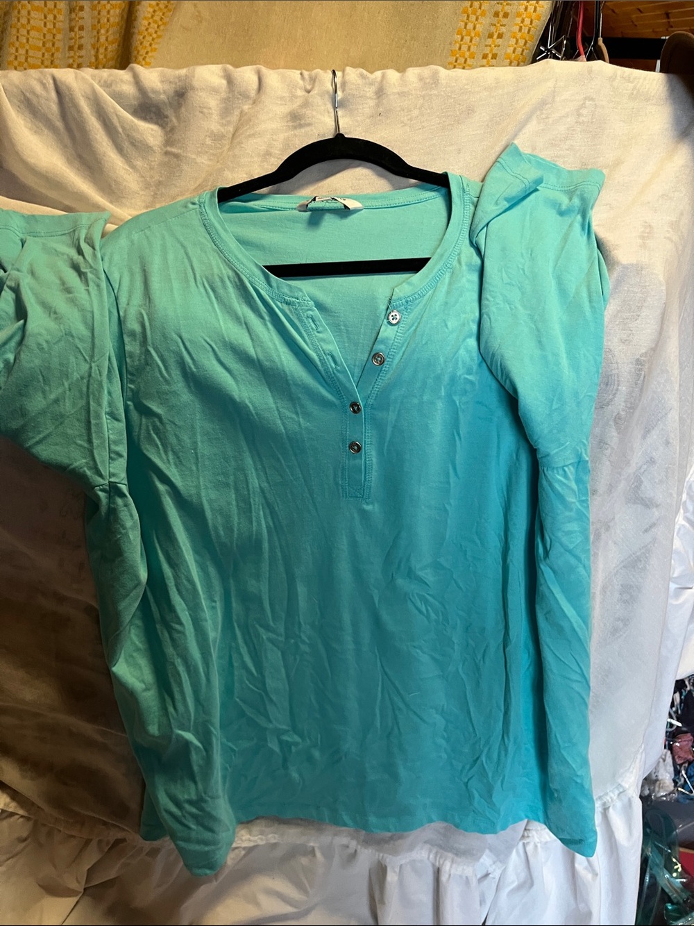 Women's Long-Sleeve Button-Front Henley Top in Aqua